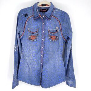 Roar Embellished Western Button-Down Shirt Blue Leopard Print M